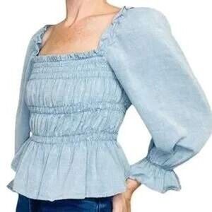 Who What Wear peasant boho square neck off shoulder blue crop top Oversized M